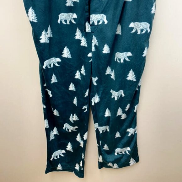 NWT St Johns Bay XL Green White Fleece Lounge Pajama Pants Bear Pine Tree - Picture 2 of 5